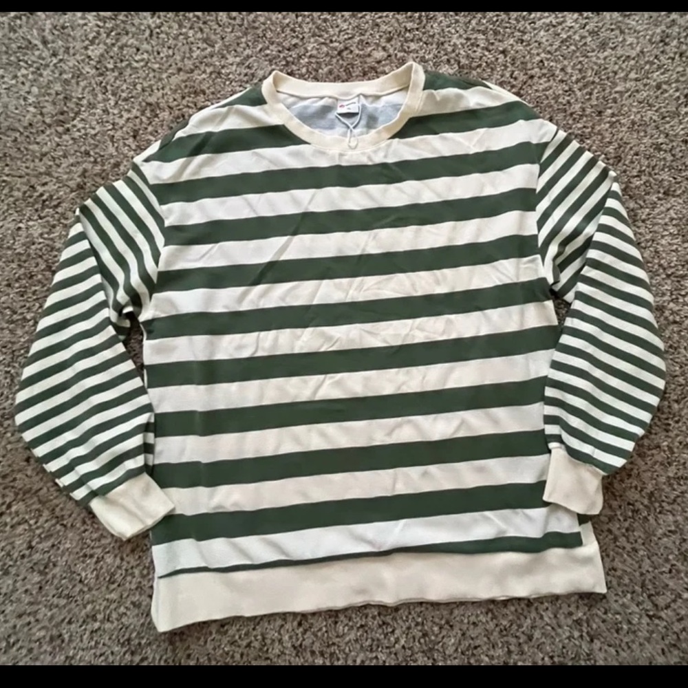 Green Cream Striped Shirt Women XL NEW